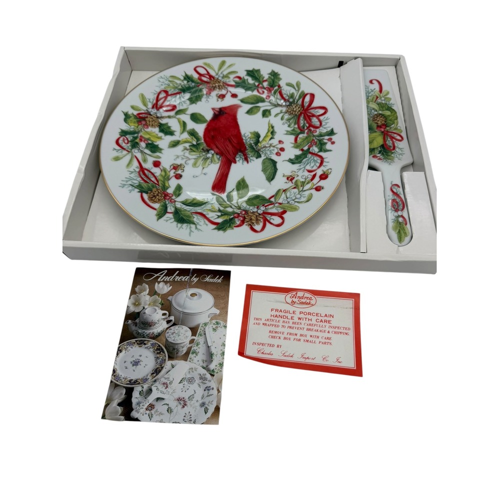 Andrea by Sadek Winter Birds Cardinal Porcelain Cake Plate and Server Set Rare